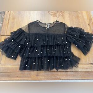 Black Sheer Ruffle Top with Pearl Accents